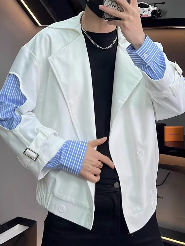 

Trendy Striped Patchwork Men's Suit Jaet Spring Autumn Stand Fit Long Sve Anti-Wrinkle Decorative Button Workwear Jaet