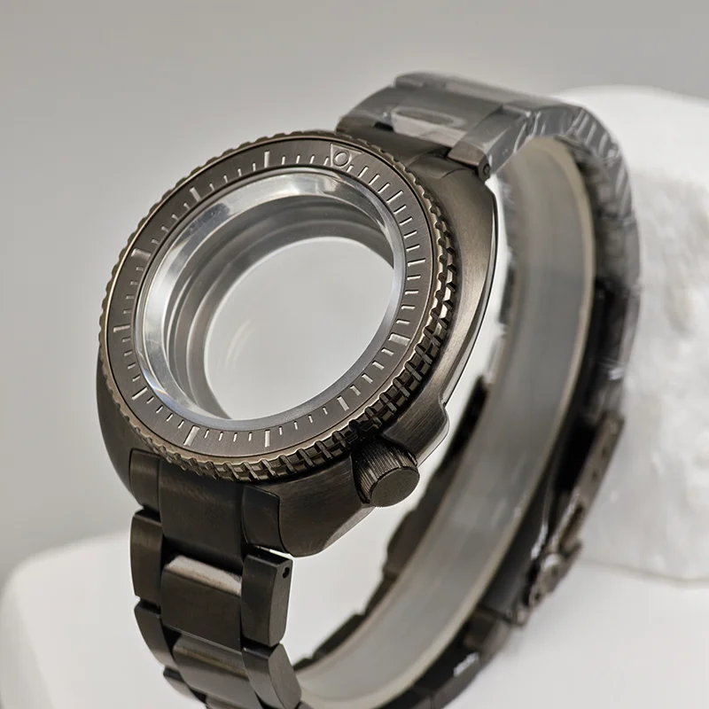 44MM NH35 Case Gun Color Watch Case Fits NH35 NH36 Movements Turtle Abalone Case For 28.5MM Dial Sapphire Glass Men's Watch Part