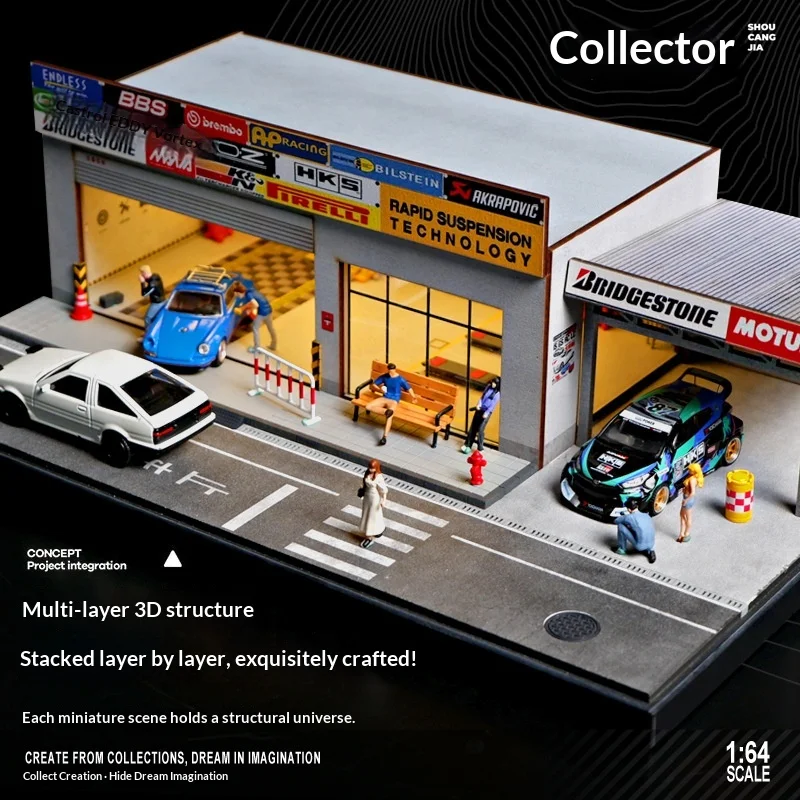 Collector‘s 1:64 JP-style Auto Tuning & Repair Shop Diorama with LED Lights – Includes 3 Random Figurines & Scene Accessories