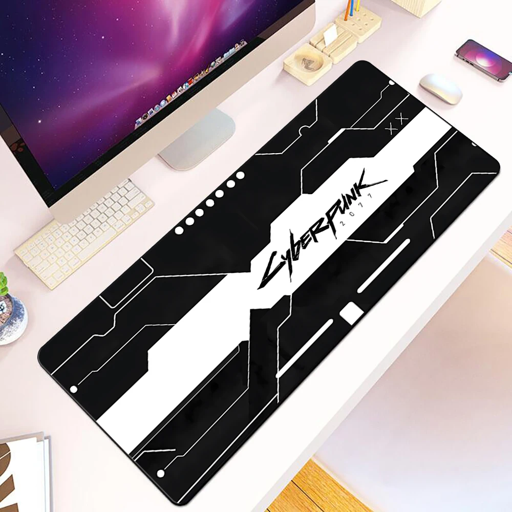 Podkładka pod mysz dla graczy w cyberpunkowe gry science fiction, druk HD, obszyta krawędziami, antypoślizgowa, XXL 90x40cm, podkładka na biurko pod klawiaturę i PC. — zdjęcie produktu 4