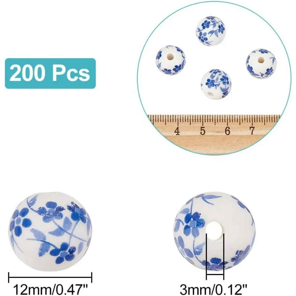 200pcs 12mm Round Porcelain Beads Ceramic Loose Handmade Porcelain Printed Round Spacer Beads for DIY Jewelry