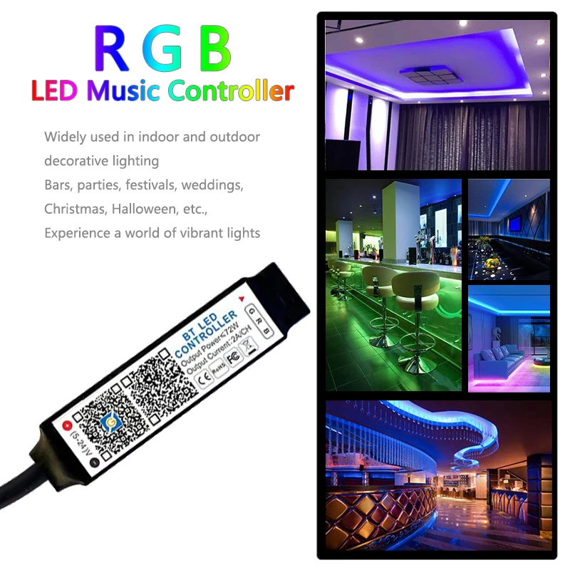 Bluetooth-Enabled Mini RGB LED Controller for Music Sync & Smart App Control of RGB Tape Lights - USB5V DC 5V/12V/24V Compatible