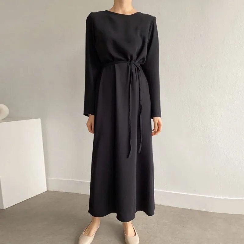 Chic Early Spring Mat Round Ne Color Belted Waist Slimming Skin-Friendly Long Sve Dr Maxi Dr