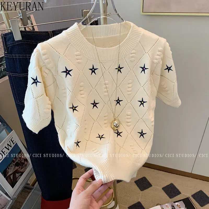 Star Embroidery Hollow-out Short Sleeve Sweater Women\'s Knitted T-Shirts Summer 2023 New Vintage O-Neck Knitwear Crop Tops Tees