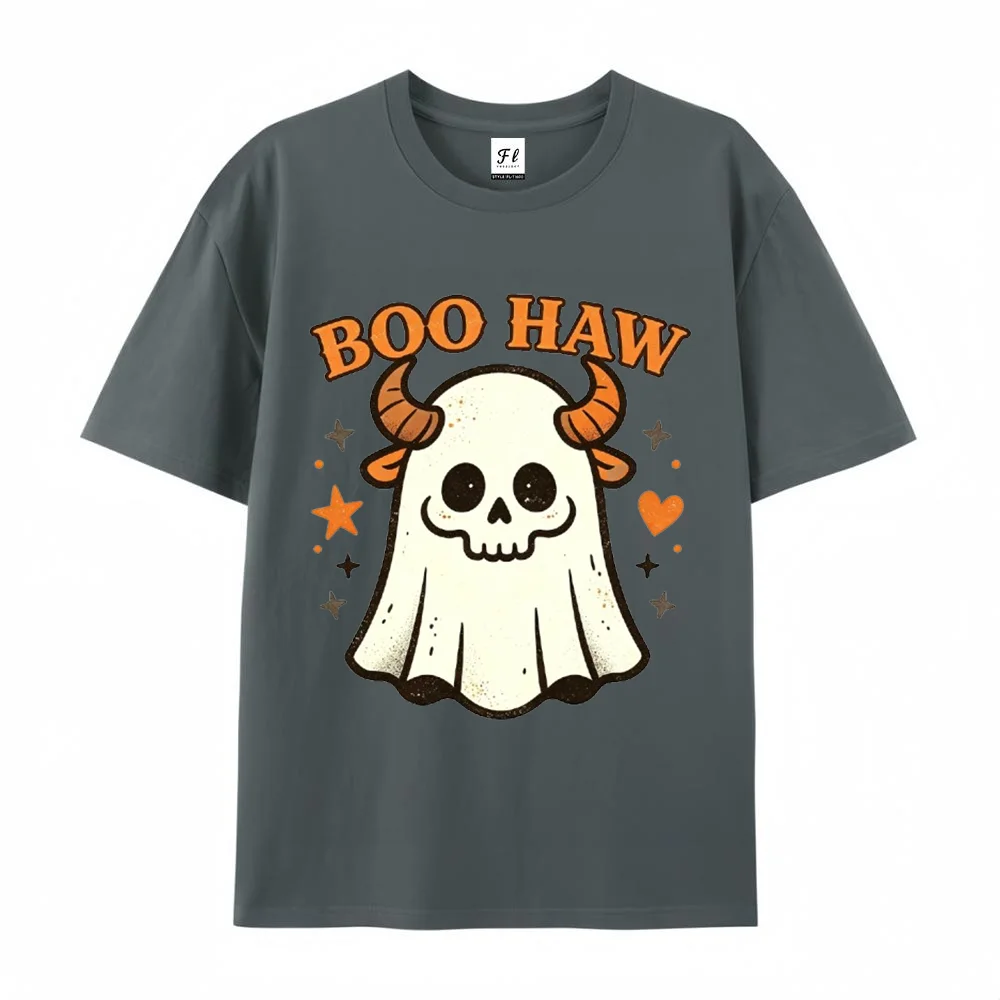 Women Halloween Ghost Graphic T Shirt Boo Haw Skull Horn Print Short Sleeve Casual Streetwear Top