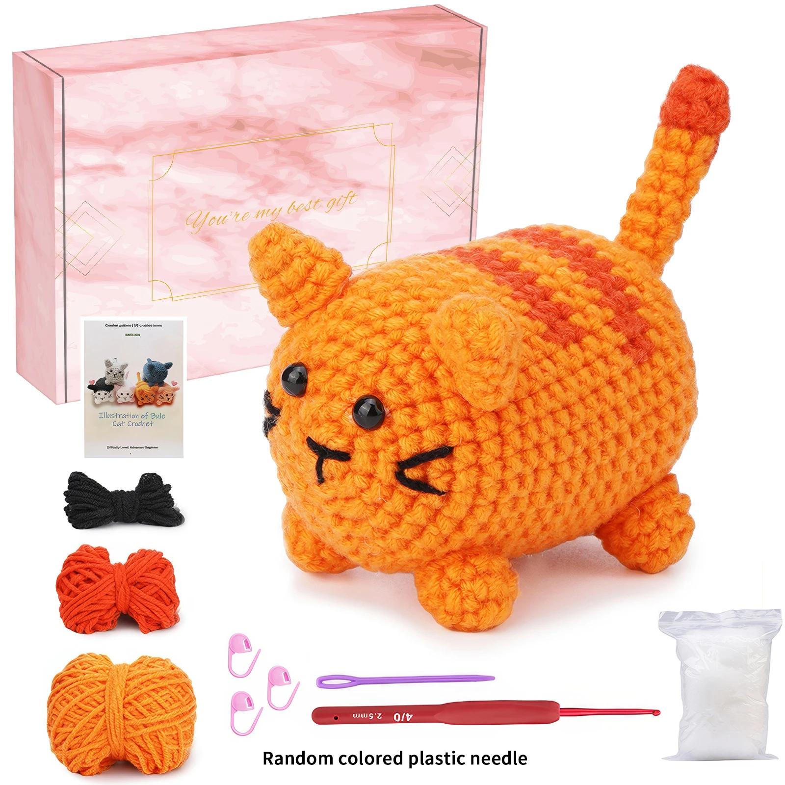 Häkel set für Anfänger Orange, rosa Katze, DIY lernen, Kits für Erwachsene und Kinder zu häkeln, mit Schritt-für-Schritt-Video-Tutorials