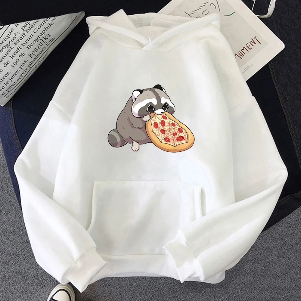 Cartoon Pizza Raccoon Hoodie Women Cute Print Hoodies Harajuku Sweatshirts Autumn Winter Plus Size Fleece Hooded Pullover