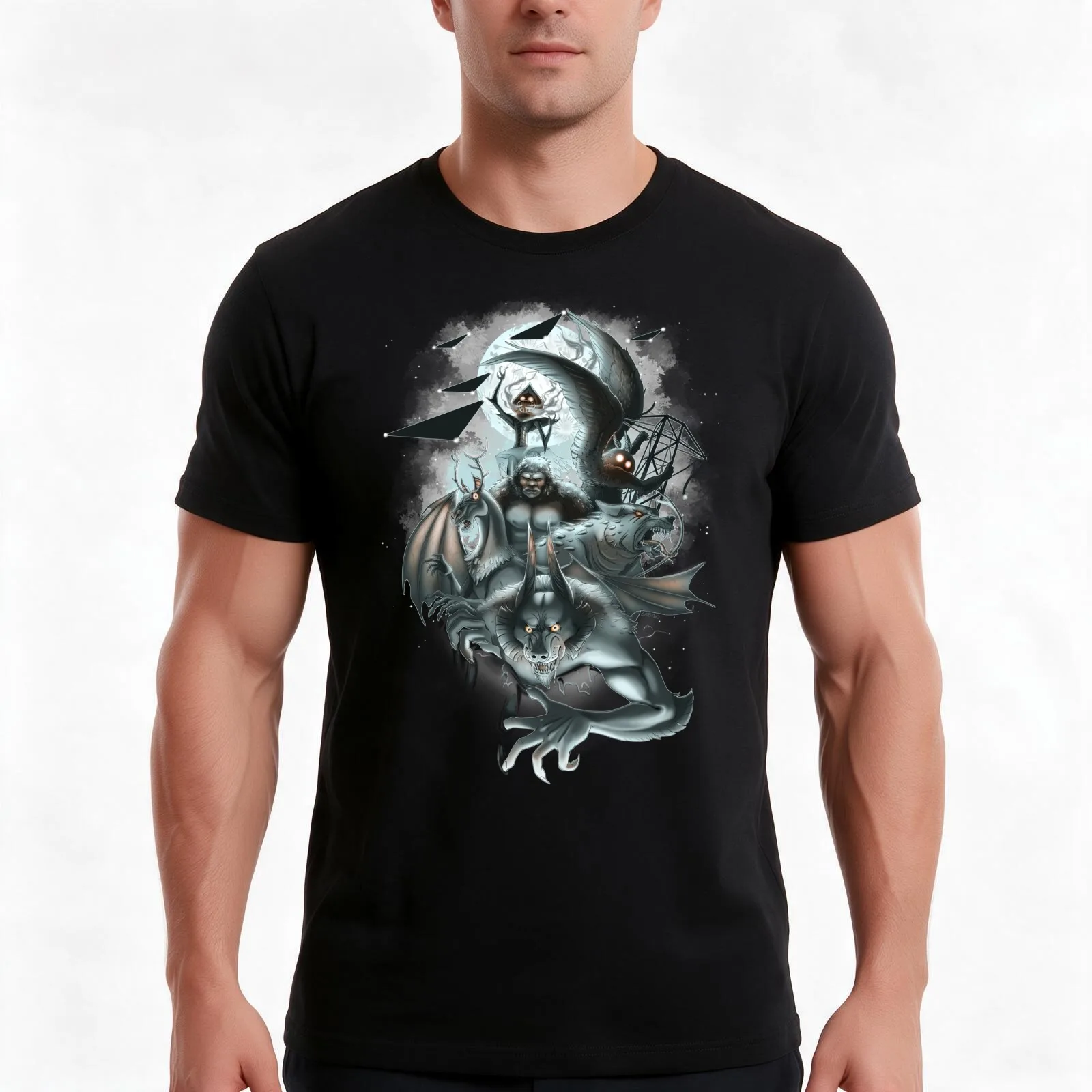 Cryptid Squad T-Shirt, Summer Casual Cotton Tee, Oversized Streetwear Tops, Vintage Graphic Print, Loose Fit Short Sleeve