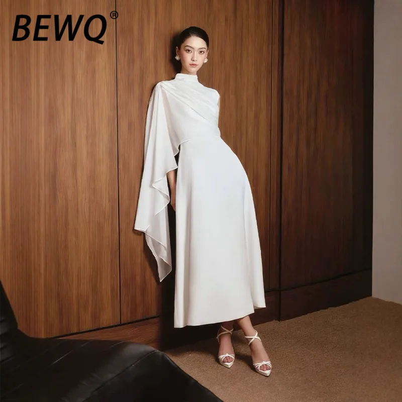 BEWQ Elegancka Sukienka Damska Moda Dekolt O-neck Patchwork Bez Rękawów Jednolity Kolor Wysoki Stan Sukienka Wieczorowa na Imprezę Jesień 2025 Nowość