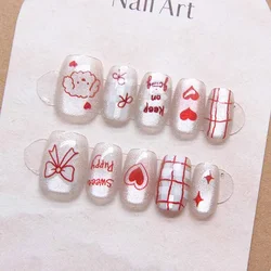 10 Pcs Women Sweet Cute Press on Nails Kawaii Cat Bowknot Hearts Shape Cats Eye Nail Patches Short T Short False Nails