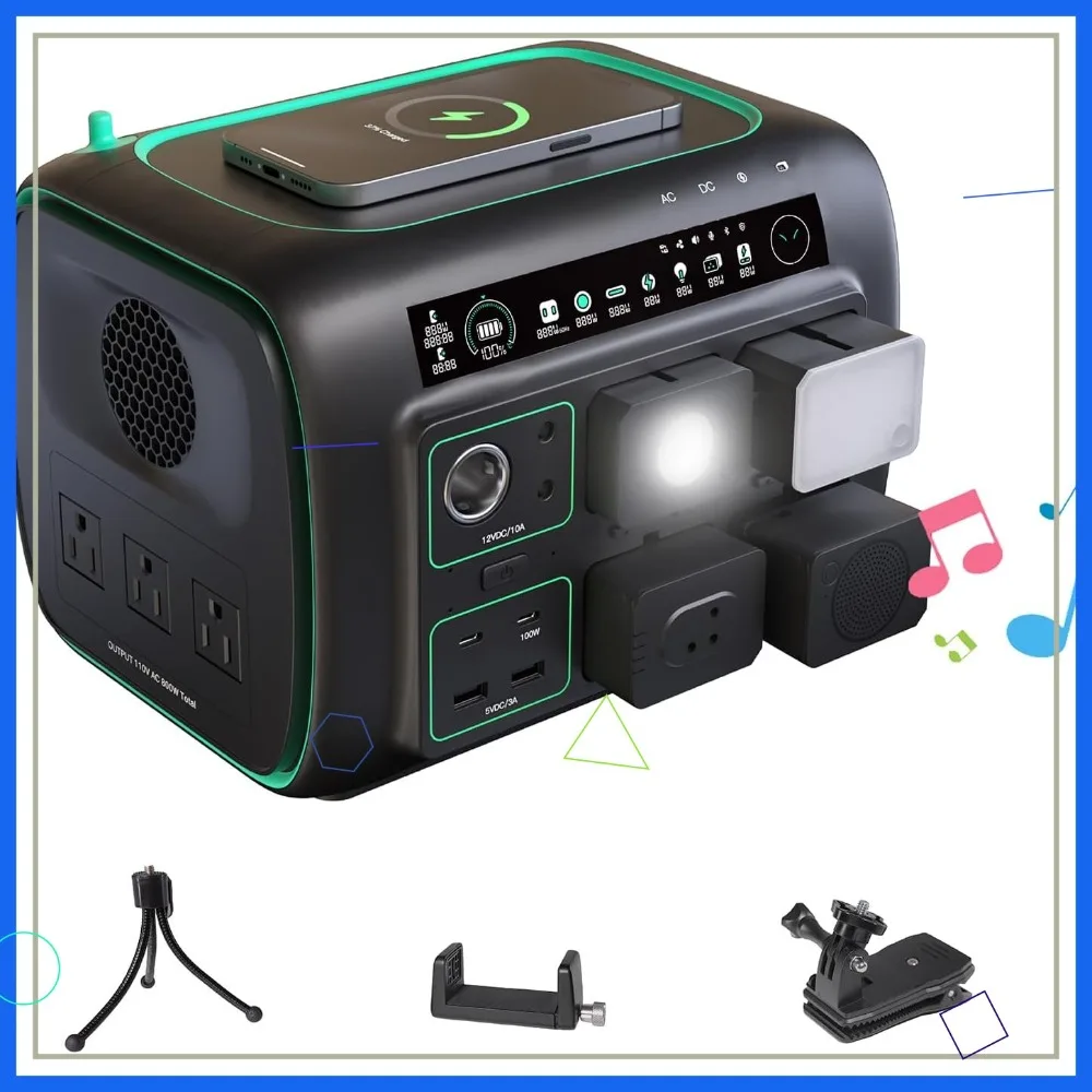 

Солнечный генератор 800 Вт, портативная электростанция 512 Вт·ч с фонарем и динамиком, 10 портов для кемпинга, автодомов и походов