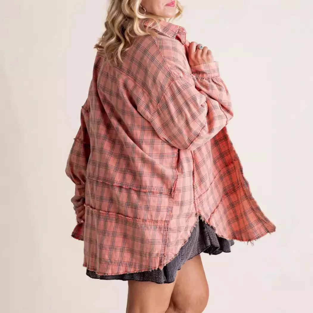 Plaid Shirts Women Classical Red Blouses Long Sleeve Tops Lady Cotton Checked Woolen Lantern Sleeve Loose Button Plaid Shirt