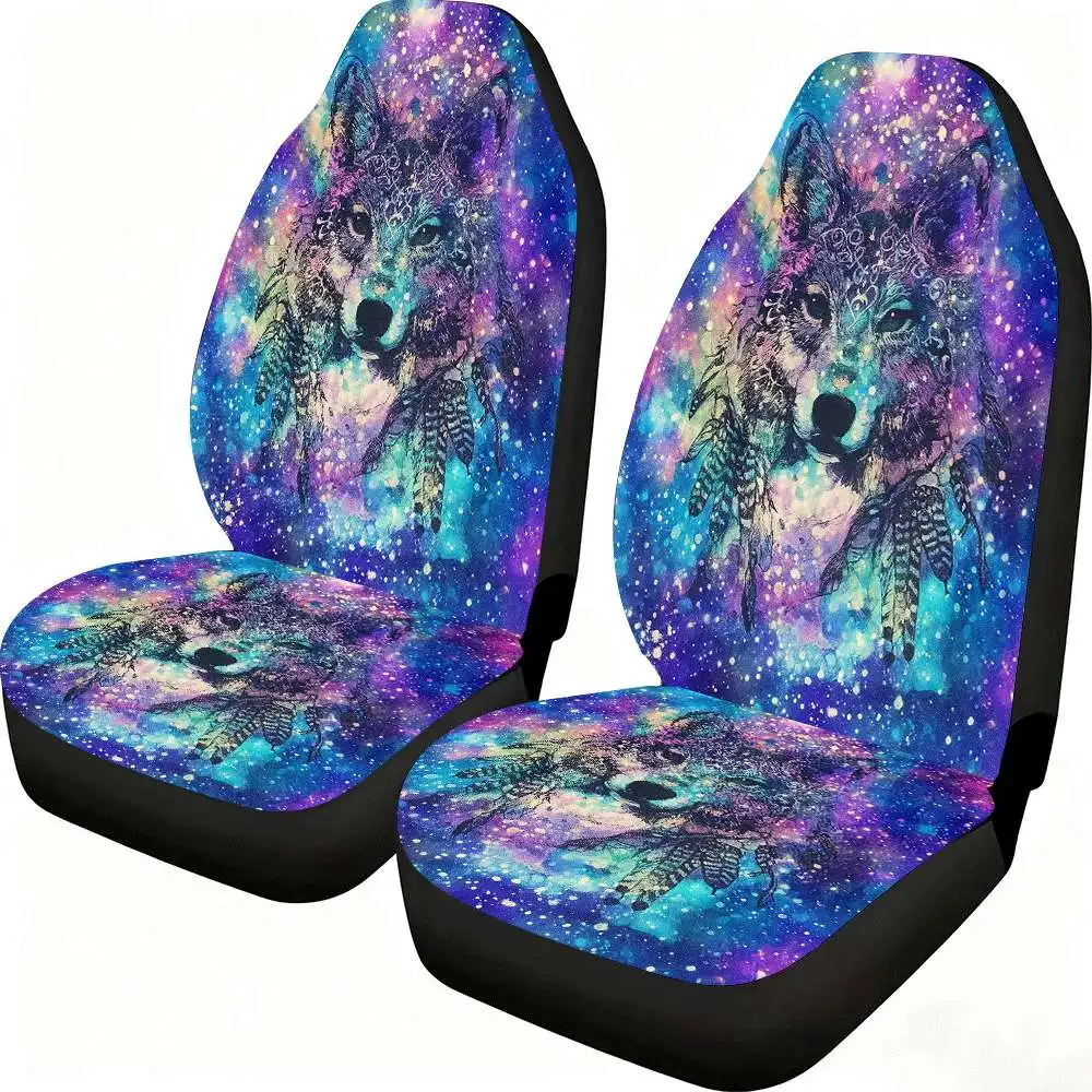 2pcs Galaxy Wolf Car Seat Covers Suitable For Front Seats High Back Design Material Suitable For Cars SUVs And Trucks Women's Ca