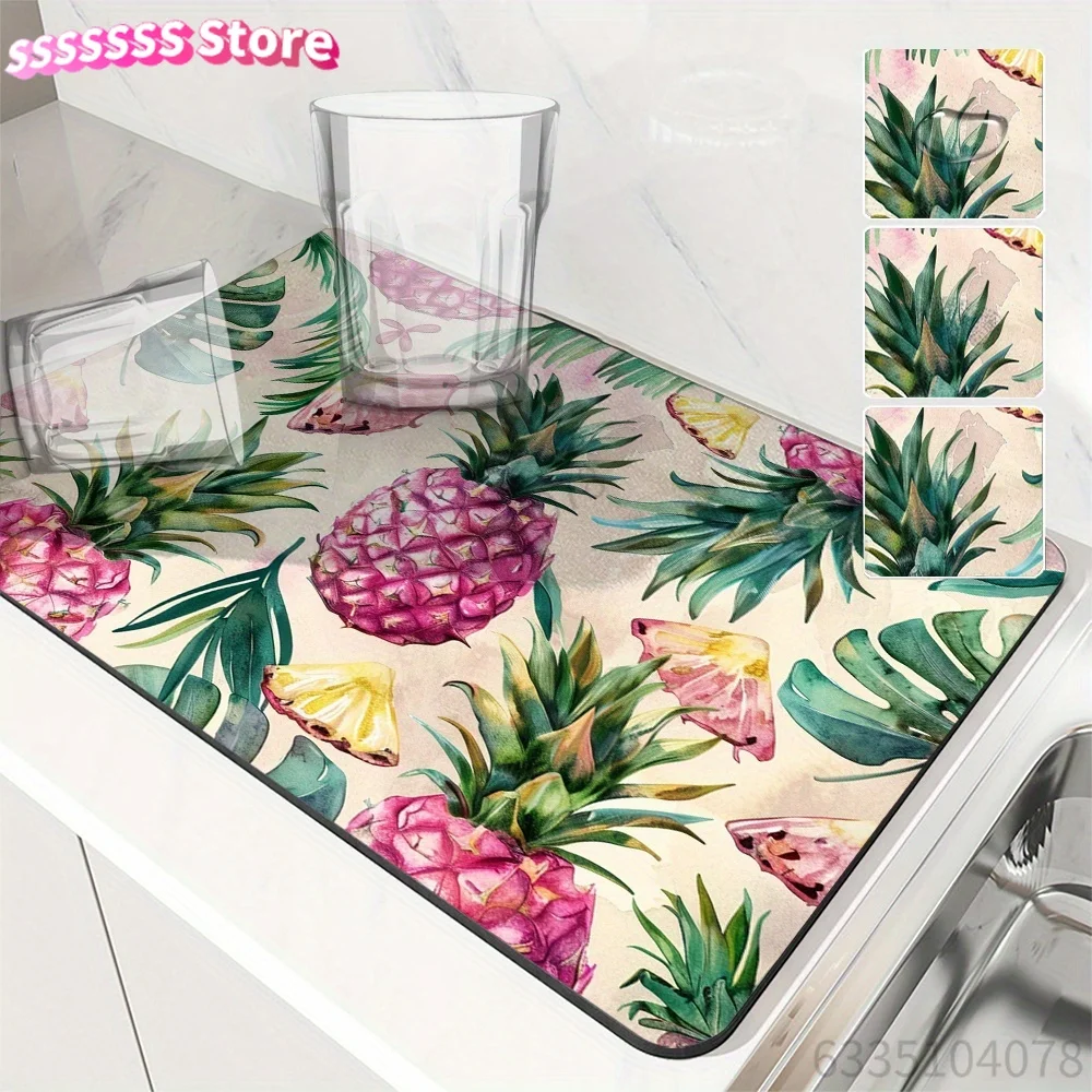 Tropical Pineapple & Foliage Design Dish Drying Mat Set - 1PCS, Absorbent Microfiber Kitchen Countertop Mat, Coffee & Tea Maker