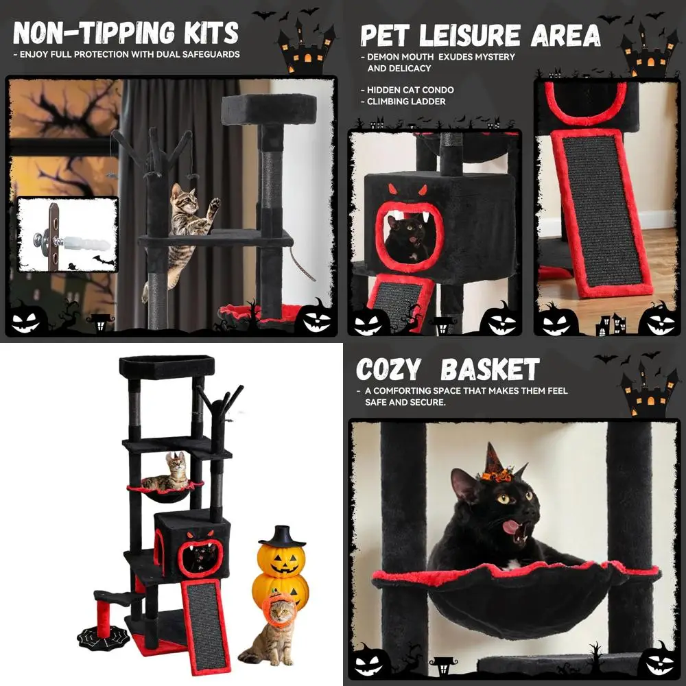 

Halloween Gothic Cat Tower: 60 Tall with Coffin Bed, Perch, Condos, Spider Toys, Basket, Scratching Ladder in Black & Red for La