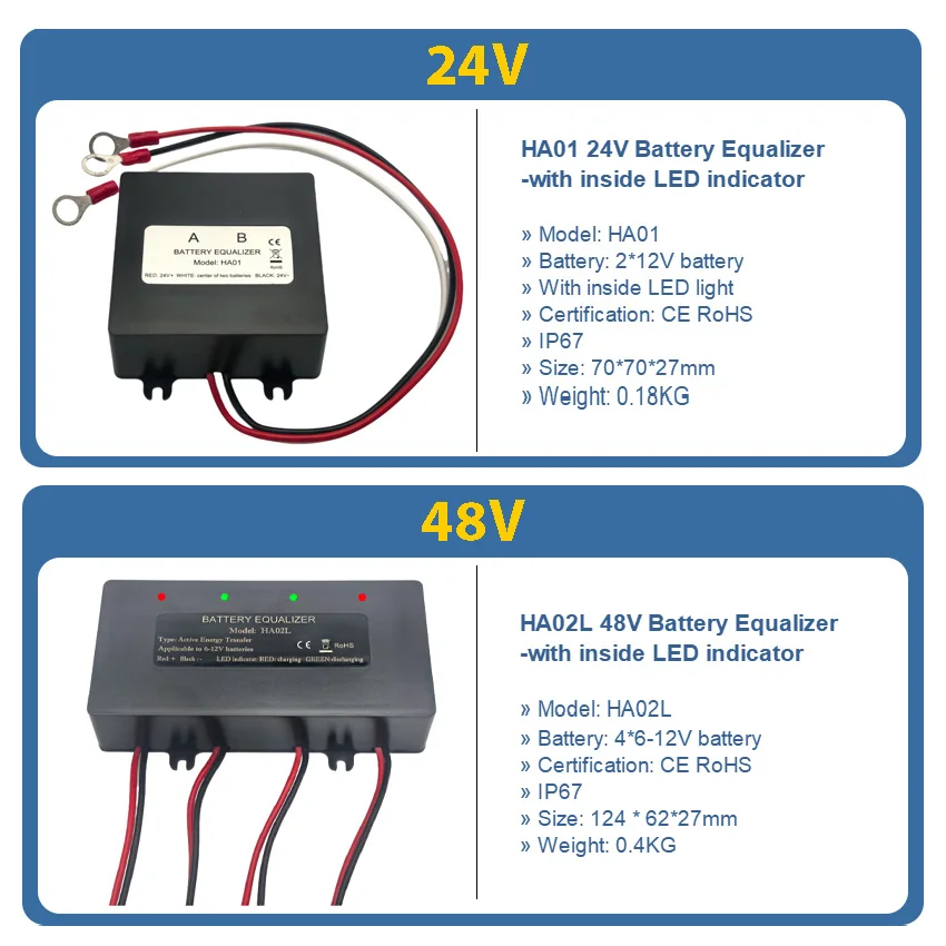 Battery Equalizer 24V 48V 4 X 12V Battery Voltage Balancer for Gel Flood AGM Lead Acid Lithium Battery with LED Indicator