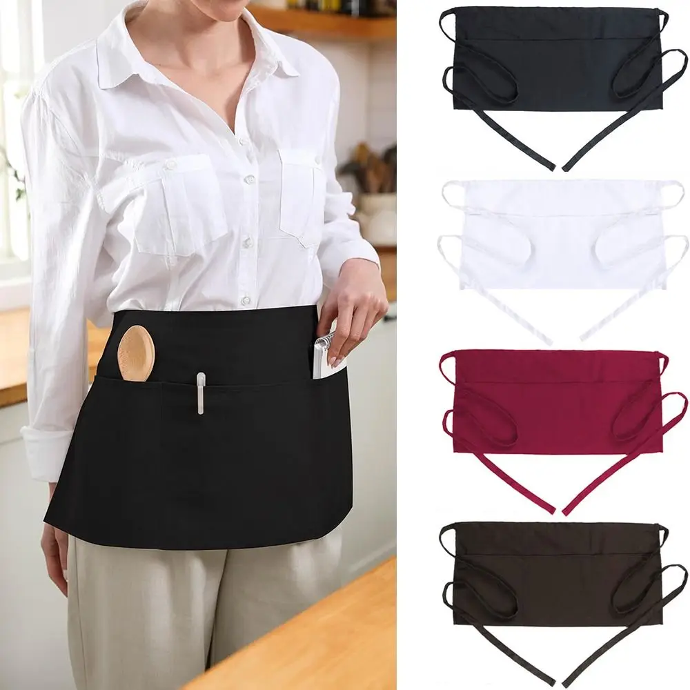 New Unisex Waist Apron 3 Pockets Polyester Half Apron Waiter Half Waist Apron Chef