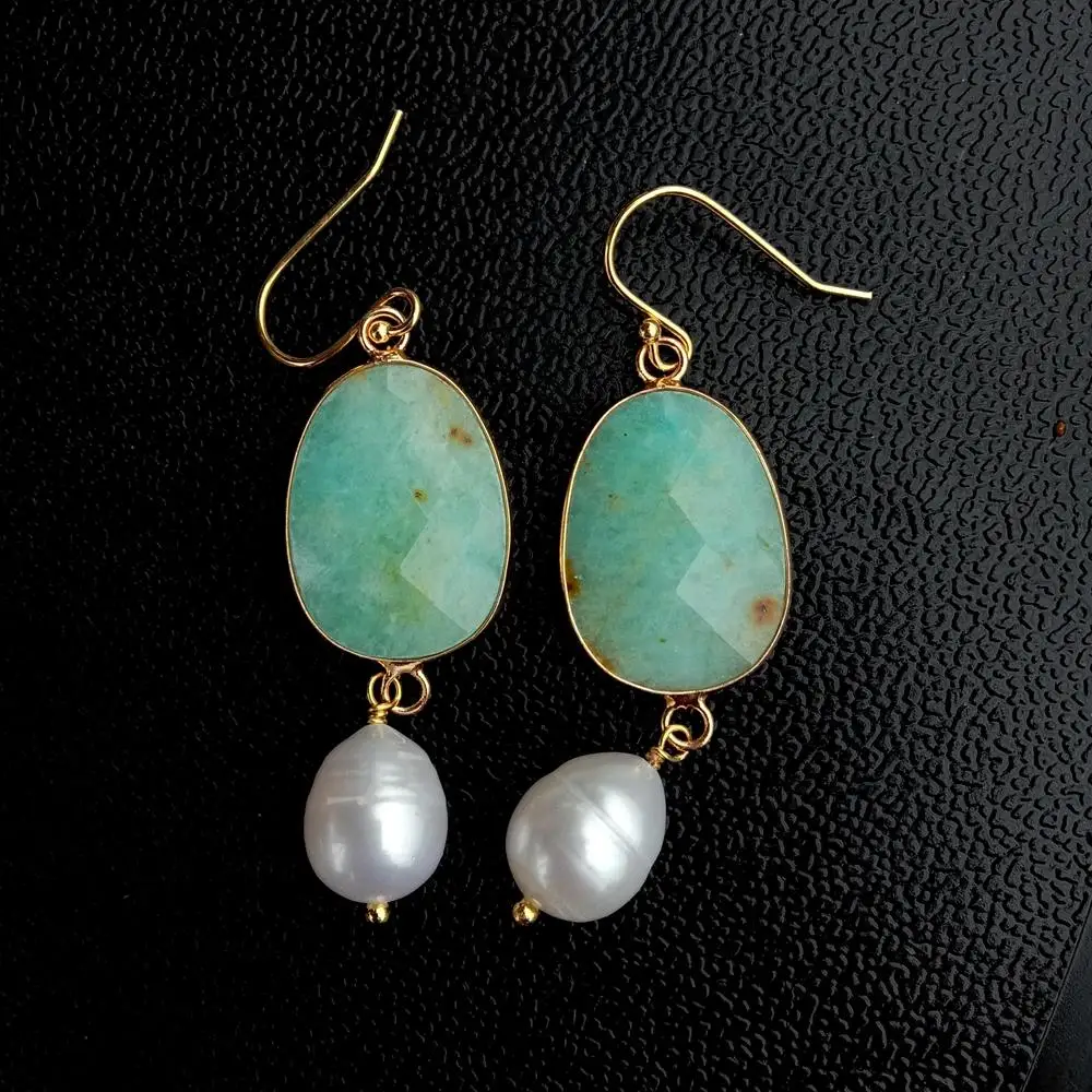 

Y·YING Cultured White Rice Pearl Natural Green Chrysoprase Dangle Earrings Gemstone Simple Earring