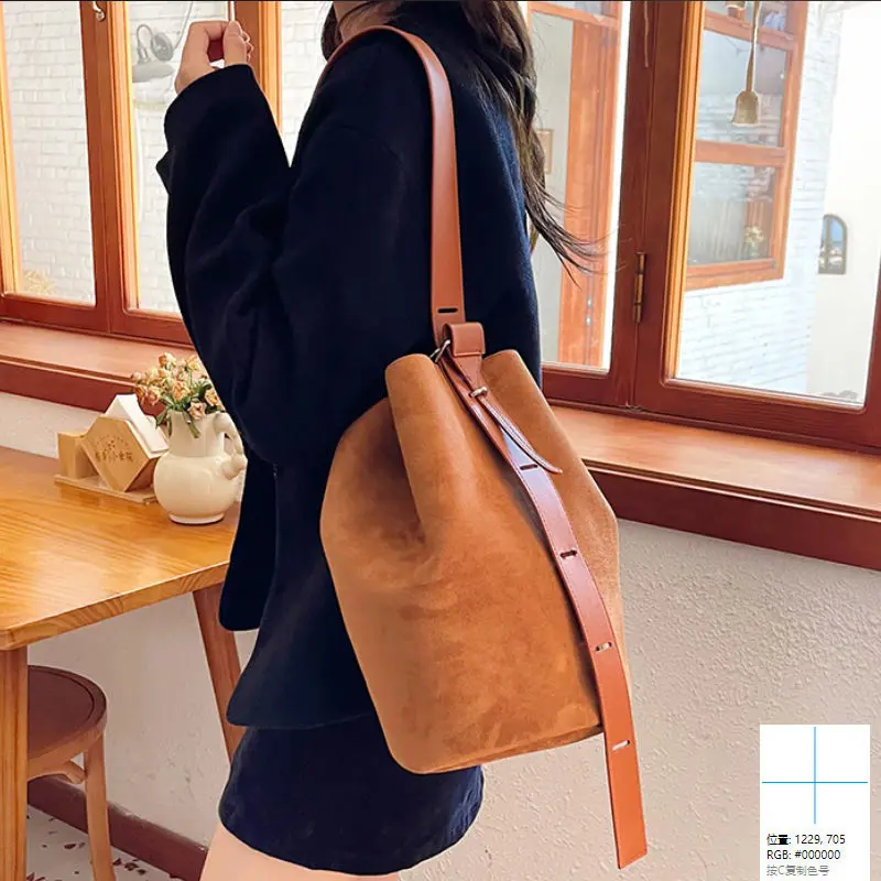 

Frosted Texture Bucket Bag Women's Trendy Retro Autumn Winter Shoulder Bag Fashionable Simple Large-capacity Oblique Span Bag