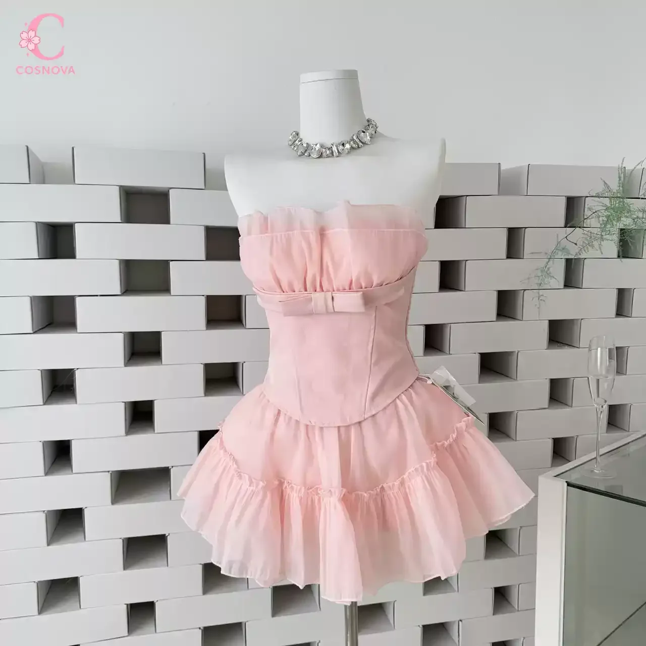 

Розовое платье-корсет для дня рождения, женский комплект из 2 предметов, шифоновое платье без бретелек с рюшами, корейское выпускное платье, милый наряд в стиле кокетка для мероприятий