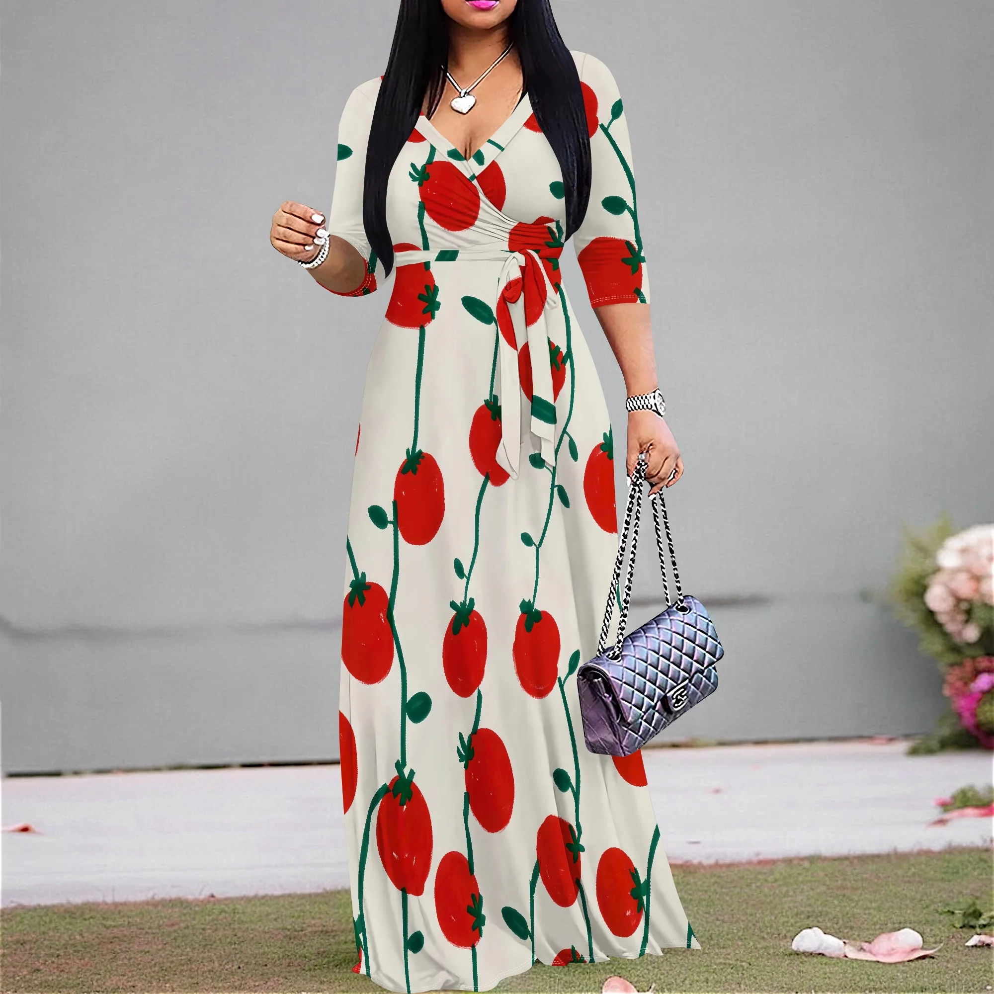

Tomato Print Maxi Dress for Women V-Neck Wrap Style Retro Picnic or Art Festival Look 2025 Fun Outfit