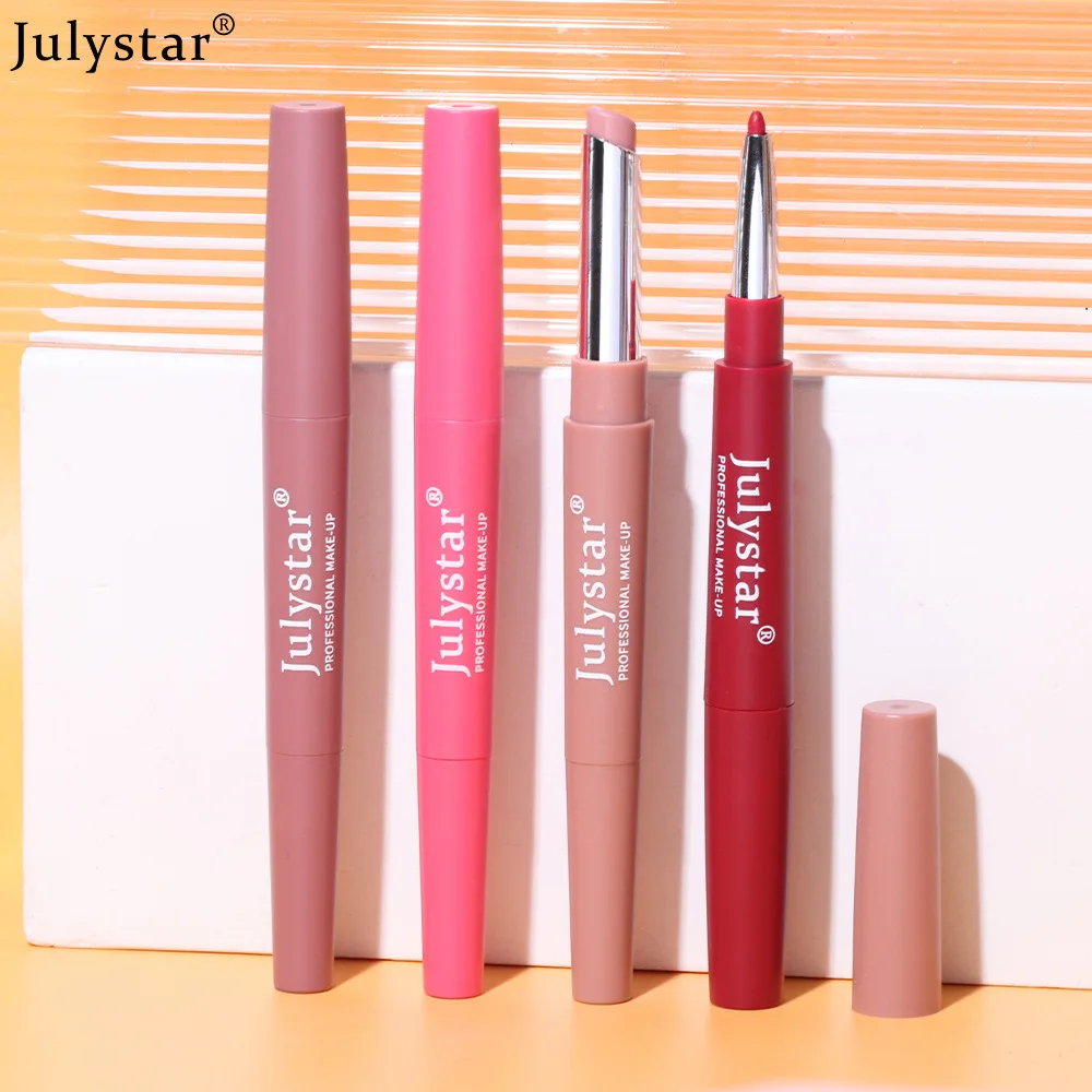 Julystar 12 Kleur 2-In-1 Lippenstift Lipliner Dubbel Hoofd Lippenstift Lipliner Vrouwen Cosmetica Lip Make-Up Roterende Lippenstift Pen