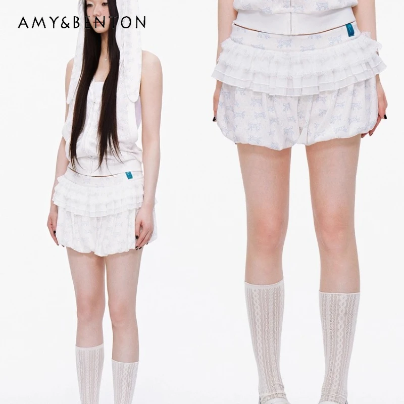 

Original Design White Animal Print Bud Puffy Cake Women's Skirt Pants 2025 Summer Retro Sweet Cute Lace Splicing Shorts Ladies