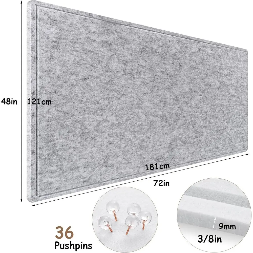 72x48 Inch Foldable Felt Wall Board, Self-Adhesive Photo Display with 36 Pushpins, Light Gray Decorative Pinboard