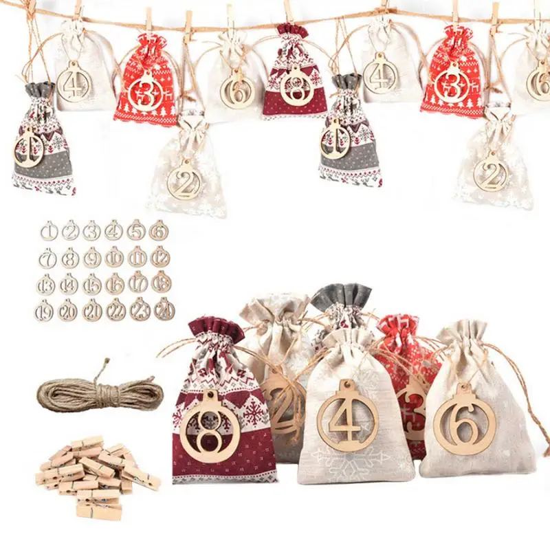 Christmas Decoration 2024 Advent Calendar 24pcs Gift Bags Kerst Decoratie Christmas Countdown Burlap Bags Ornament Xmas Navidad