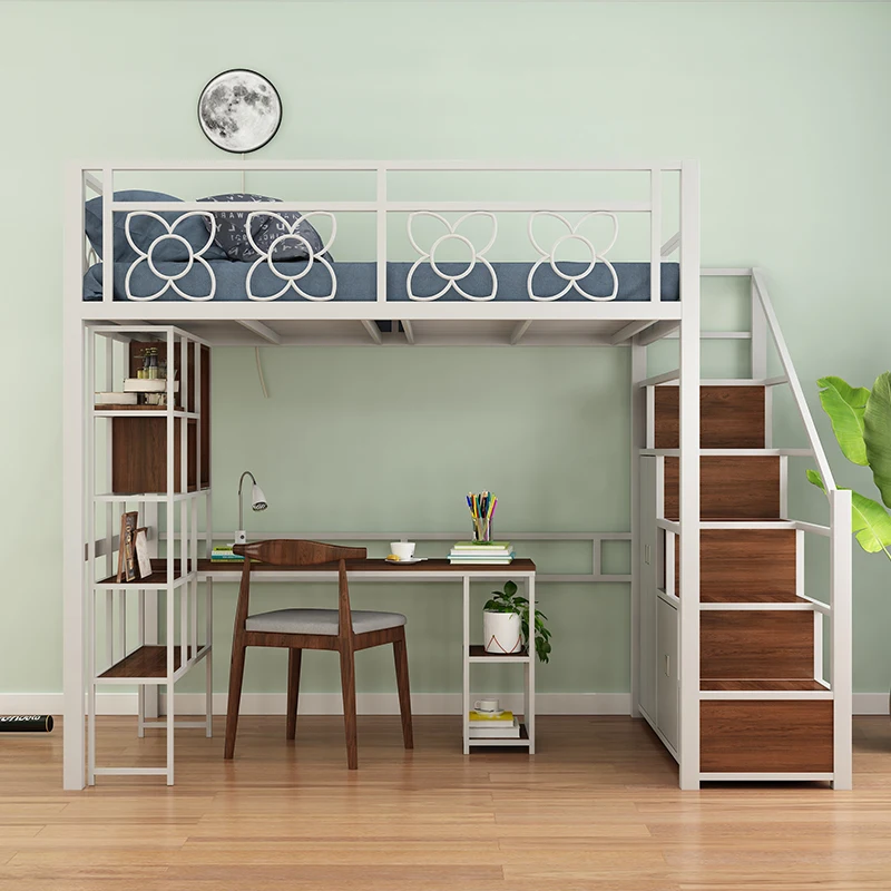 Multi-functional space-saving loft bed, small apartment, loft pavilion, simple and modern, upper bed, lower hollow iron bed