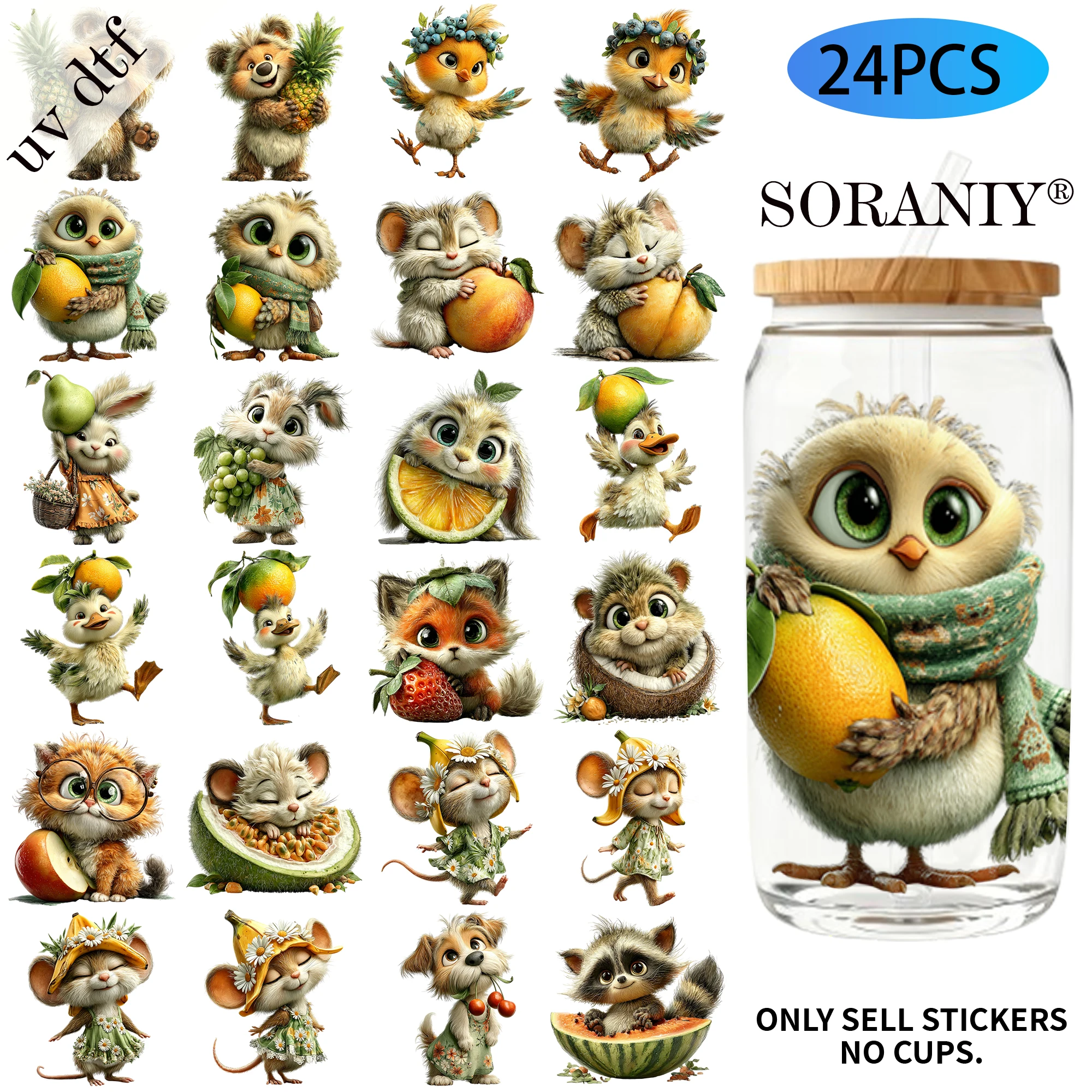 24PCS/Set Whimsical Animal Fruit  Themed UV DTF 16OZ DIY Transfer Paper Set Golden Text Used For 16oz Water Bottles Glass