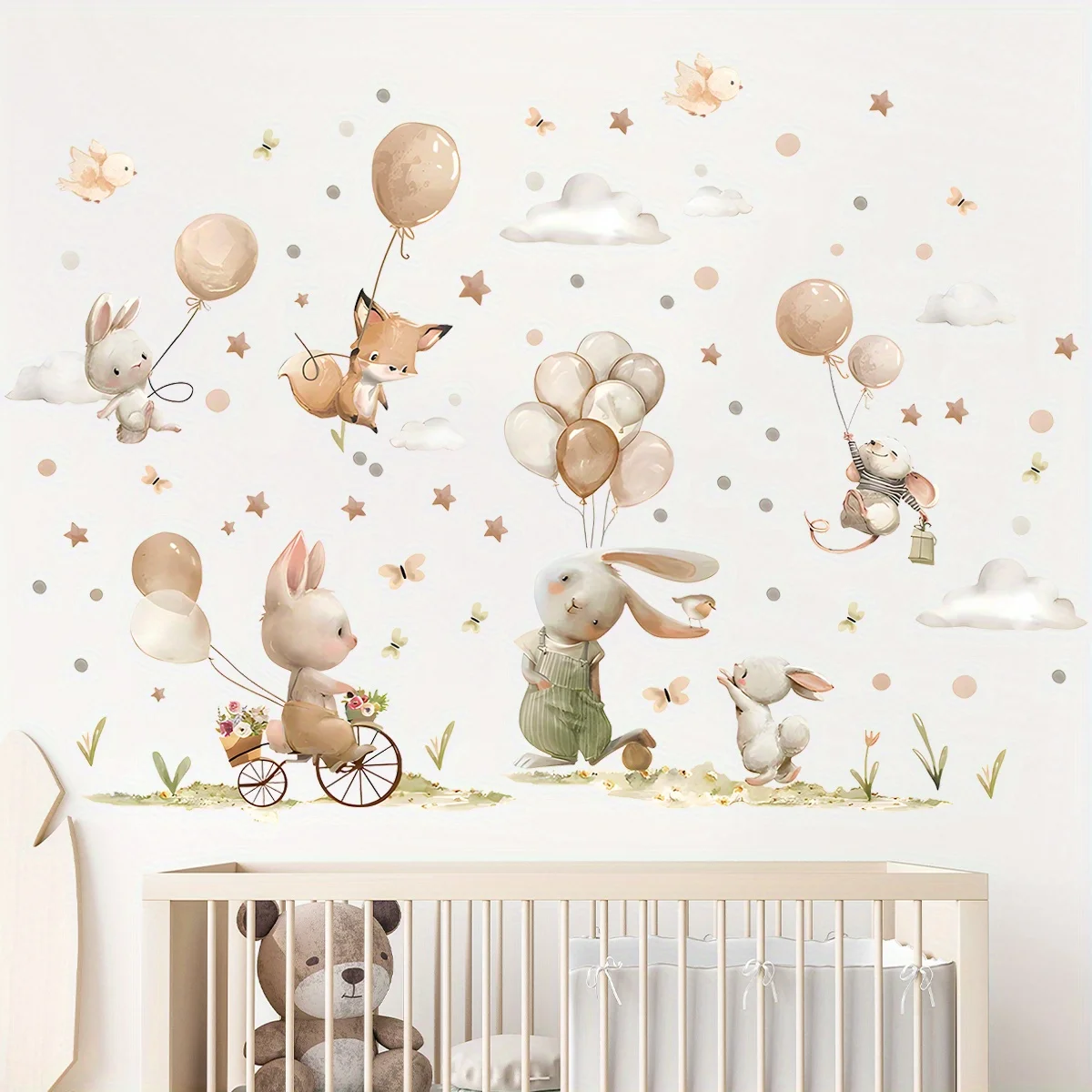 2pcs Cartoon Rabbit Fox Balloon Wall Stickers for Children Room Kids Room Decor Bedroom Living Room Decoration Wall Decals