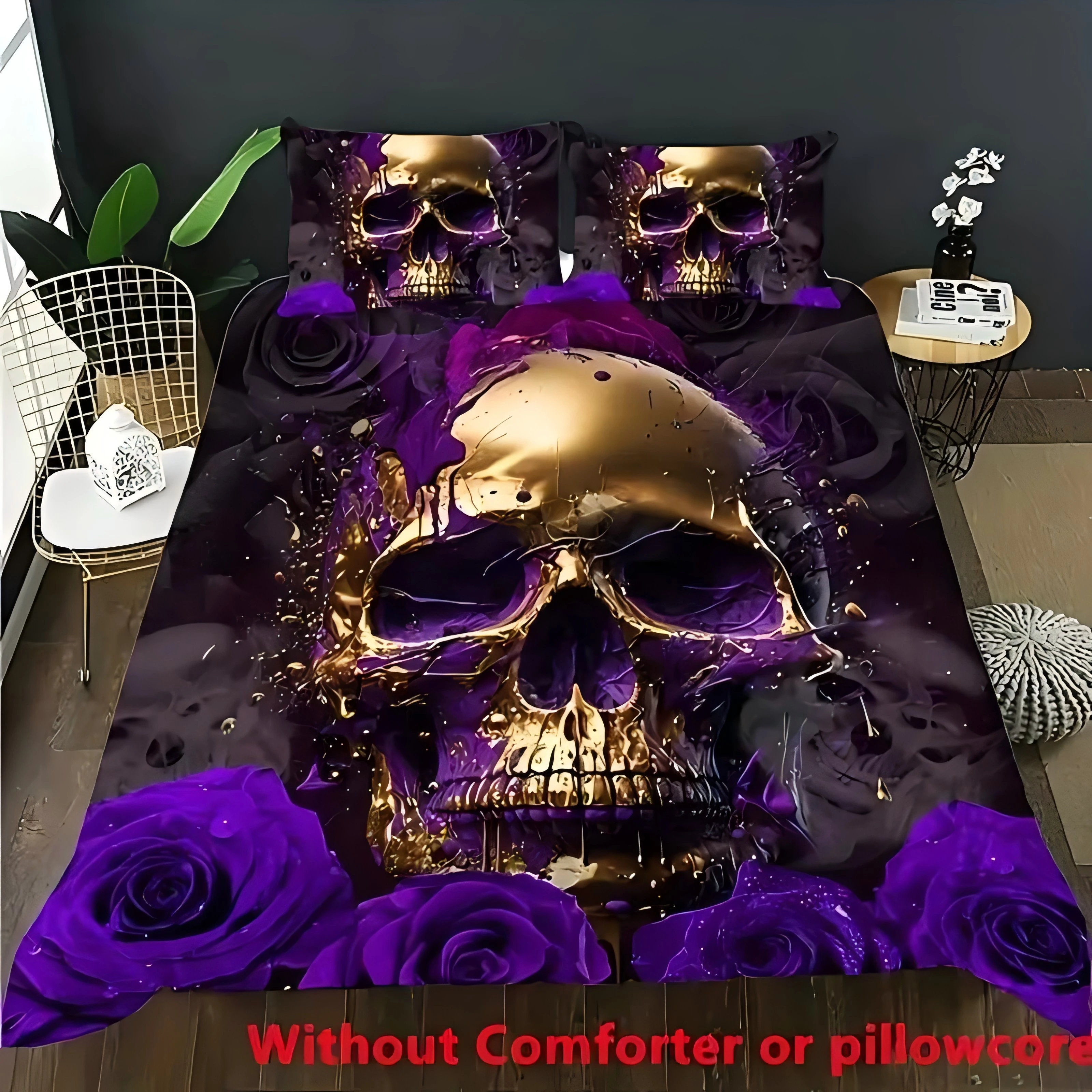 

Violet Rose Golden Skull Pattern 3D Print Duvet Cover Halloween Gothic Style Bedding Set With Pillowcase Polyester Quilt Cover