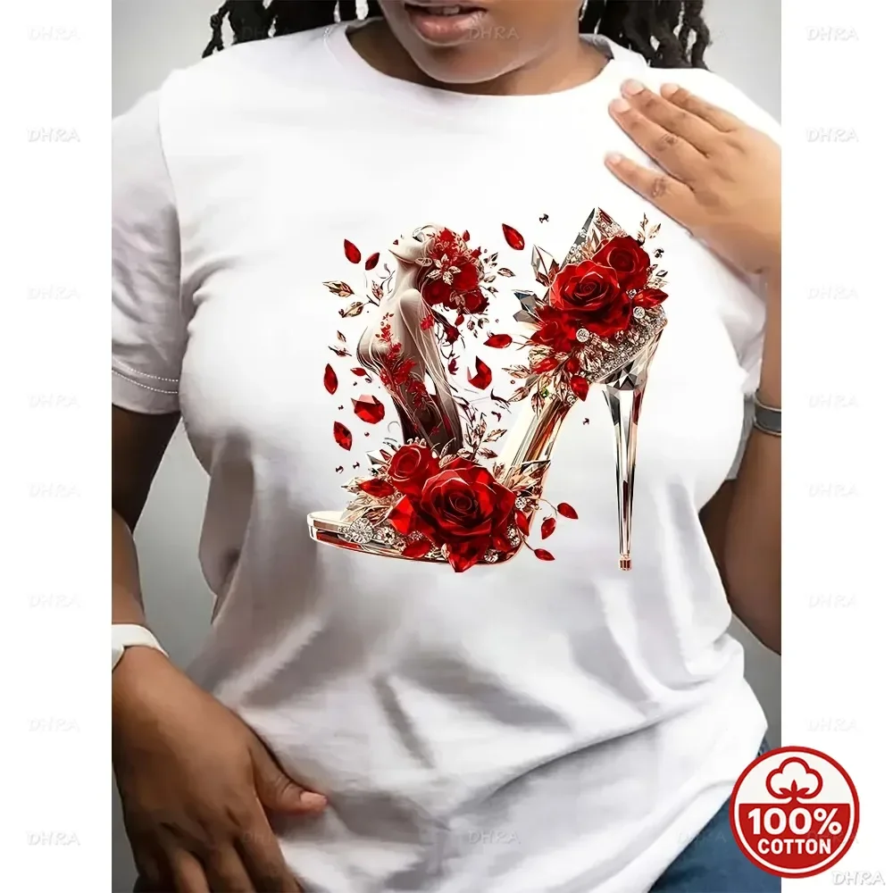 Fashion Heel T-Shirt Vintage Rose Diamond Artistic Tee