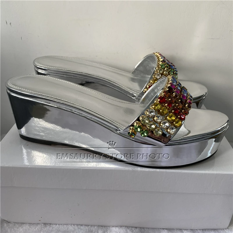 Colorful Rhinestone Band Women Sandals Luxury Patent Leather High Platform Wedges Slingbacks Summer Mules