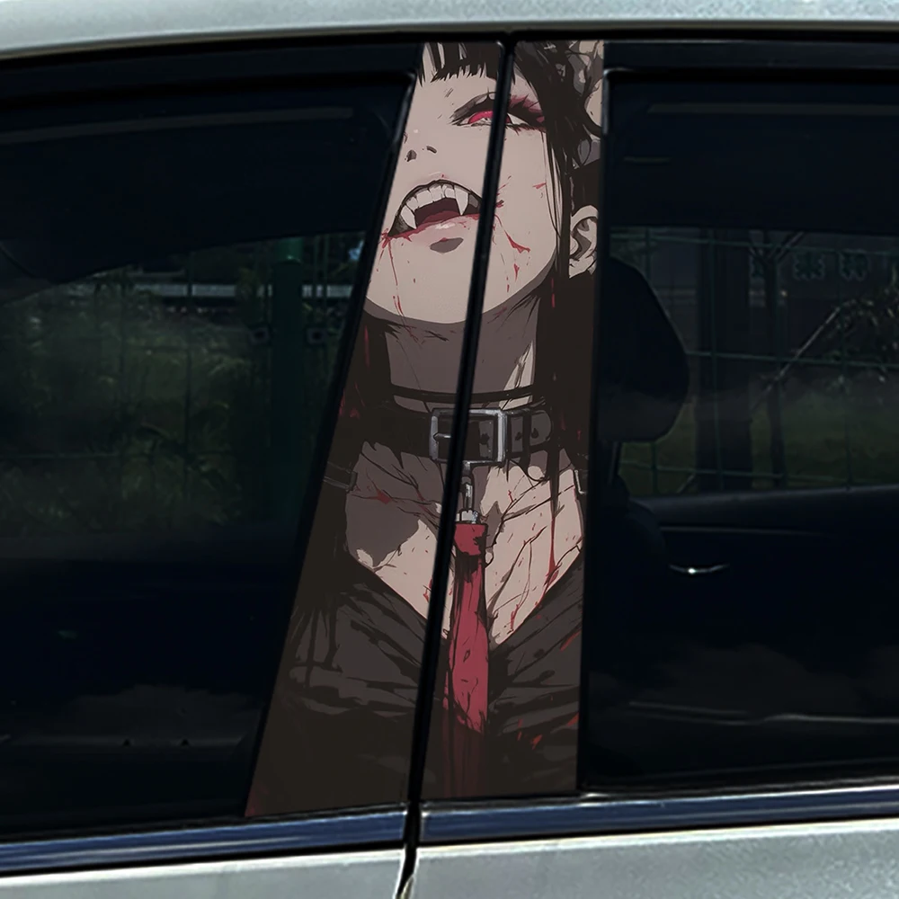 2PCS Anime Vampire Girl Print Car B Pillar Sticker, Waterproof Vinyl Anti-scratch Decor Protector Film