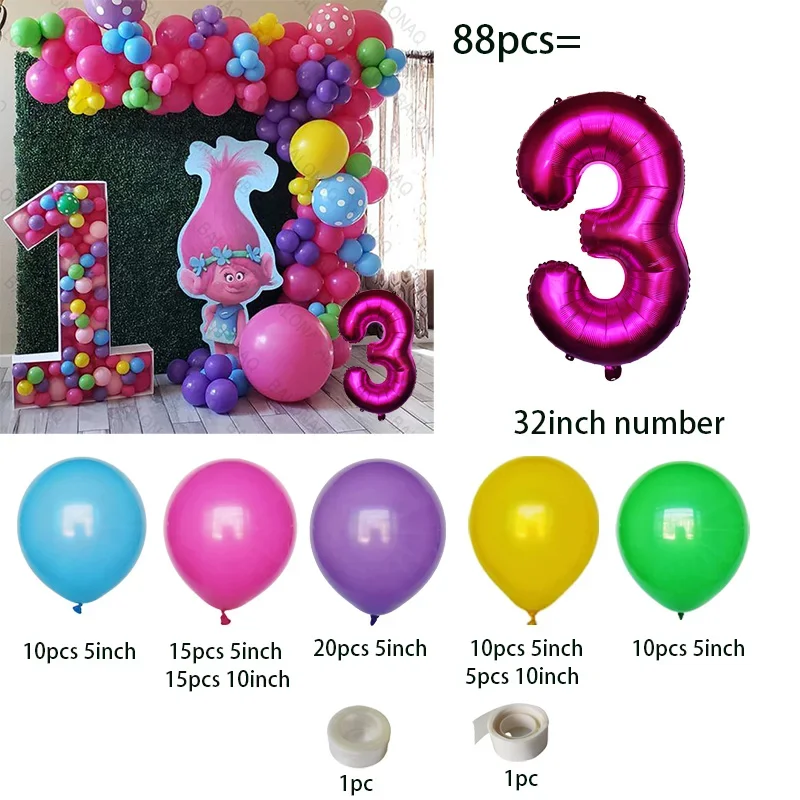 Princess Trolls Balloon Birthday Party Decoration 32inch Number Ballon Welcome Arch Room Home Decor Boy Gift Kid‘s Shower Toy