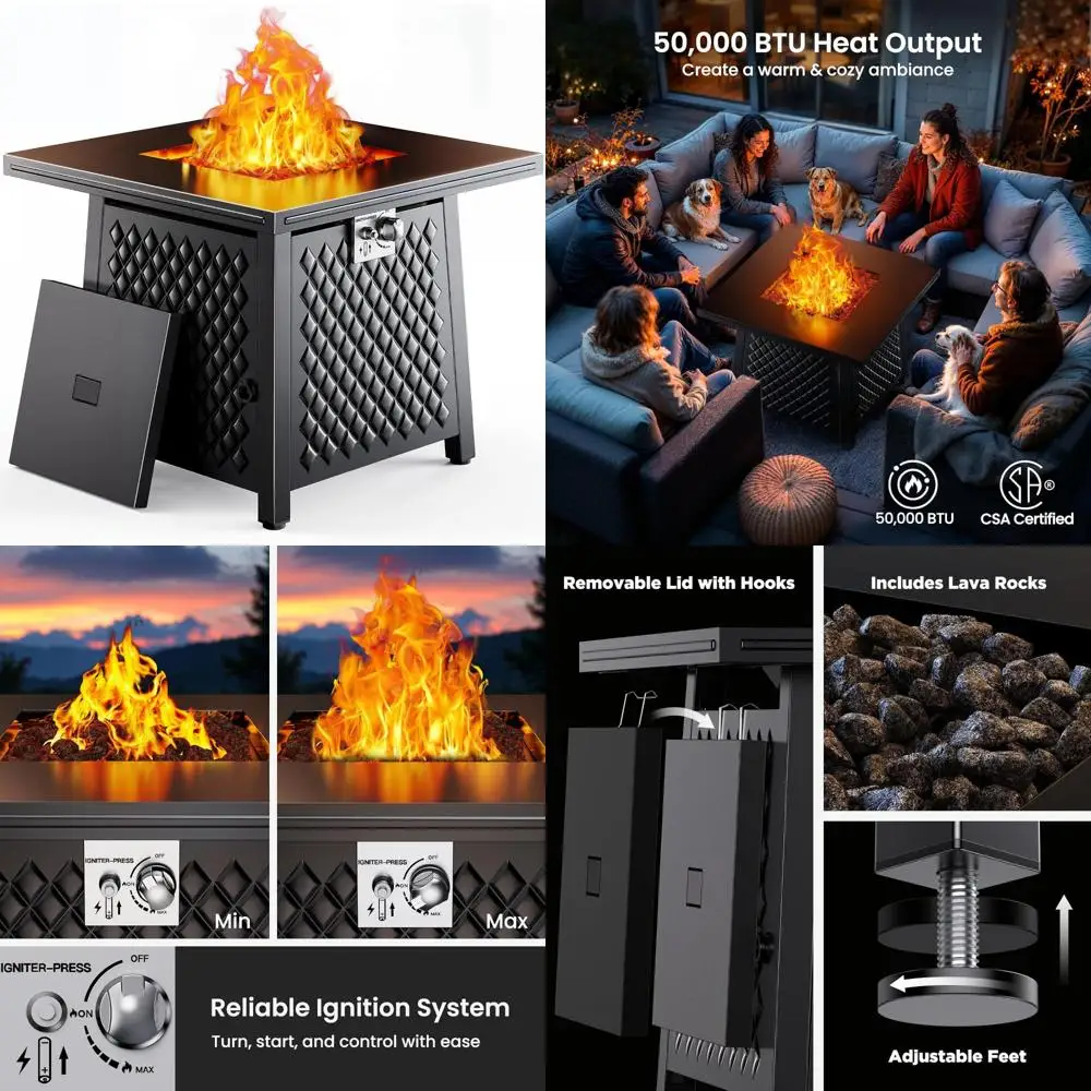 

32-дюймовый уличный стол для костра на пропане с 50 000 БТЕ, стальной крышкой, лавовыми камнями и квадратным дизайном двойного назначения