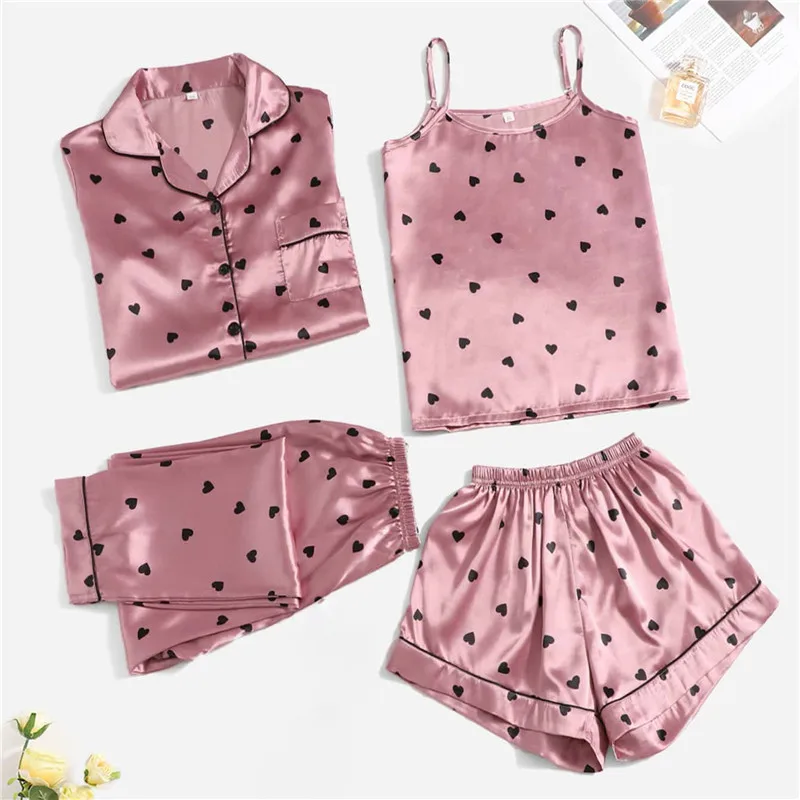 4 Pieces Sleepwear Set Pajama Set For Women Faux Silk Stain Nightwear Fashion Comfortable Sexy Sling Shorts Printed Home Clothes