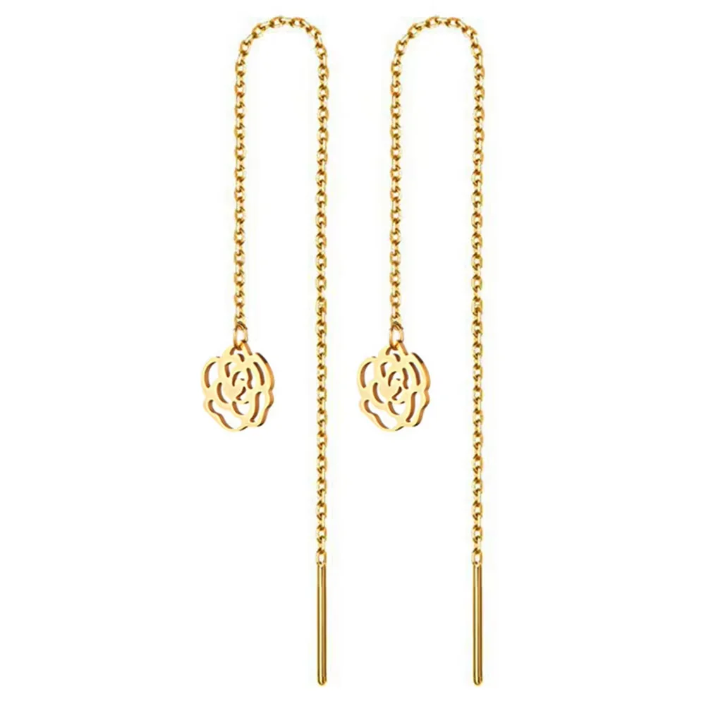 Simple Stainless Steel Crystal Heart Thread Earrings for Women Charm Leaf Star Moon Heart Cross  Threader Earrings