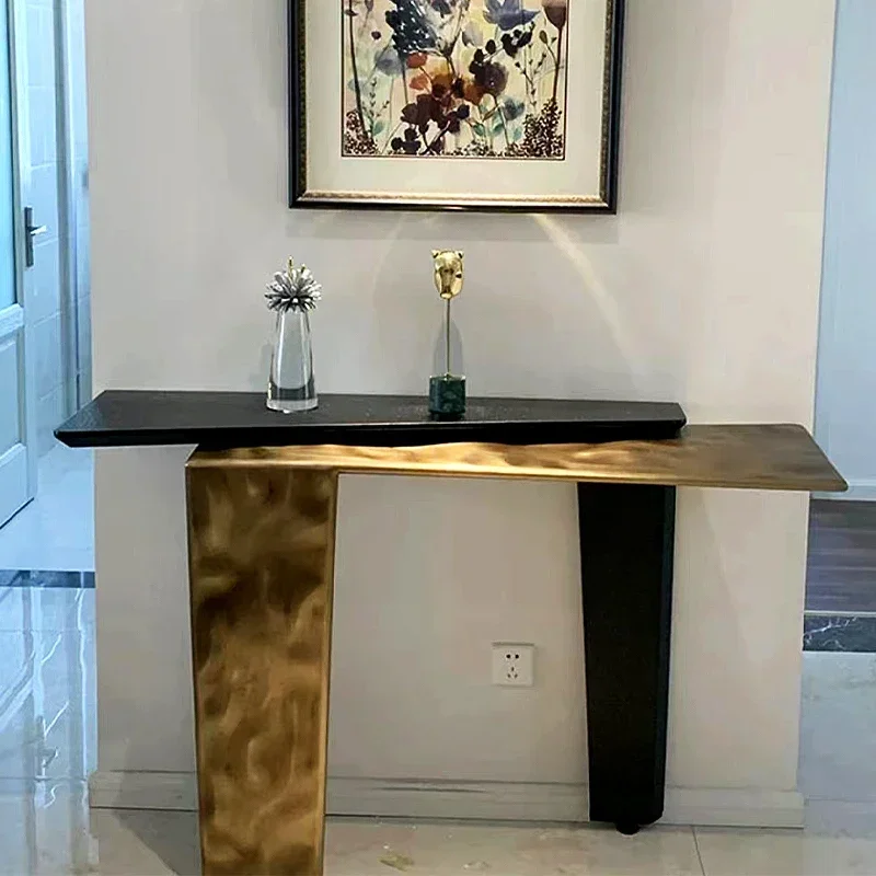 High-end light luxury Italian ultra-narrow strip case electroplated stainless steel frame solid wood table leg Xuanguan