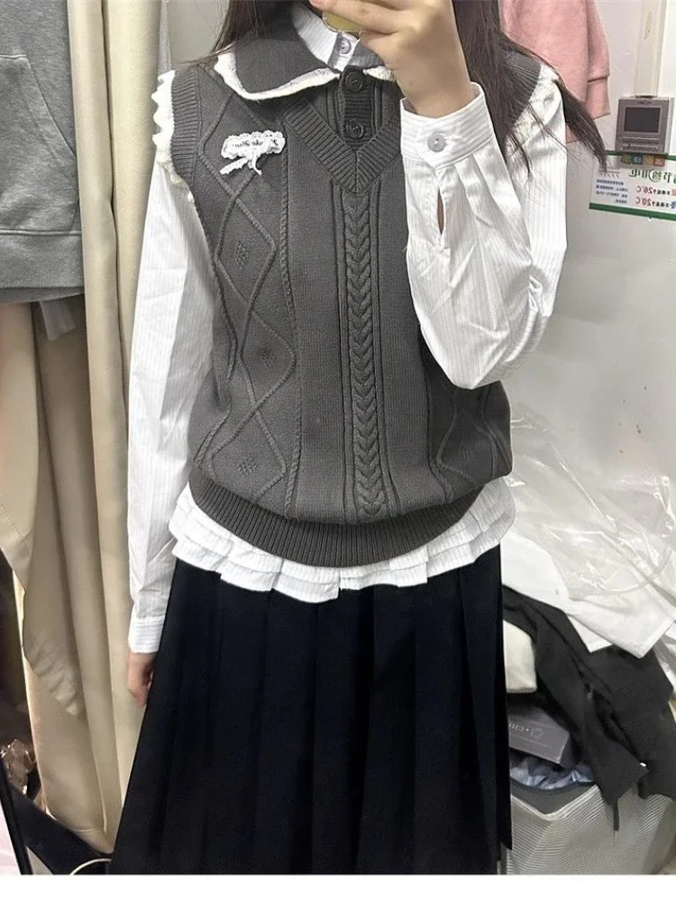 Kawaii – chemise à rayures blanches pour femmes, manches longues, broderie florale, mode coréenne, chemisiers à volants, ample, Preppy JK, hauts de printemps, nouveau