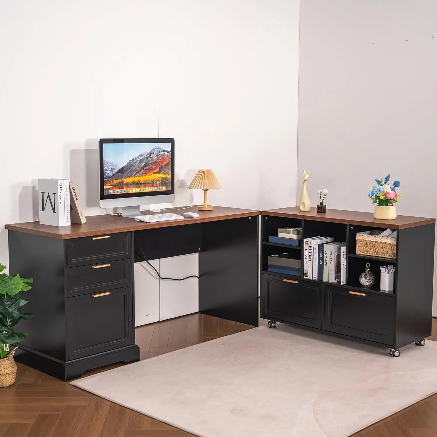 

60" Professional Office Desk with 40" Mobile File Cabinet,Business Desk with Charging Station,L Shaped Executive Desk Set for Of