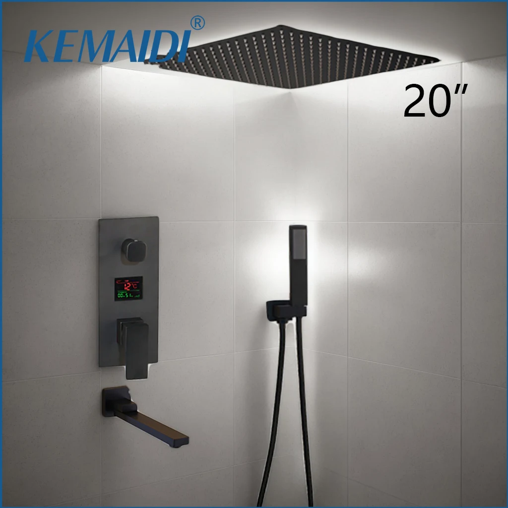 

KEMAIDI 20 Inch Black Shower Set Digital Display Shower Systerm 3 Ways Diverter Mixer Brass 360 Swivel Bath Shower Faucet Sets