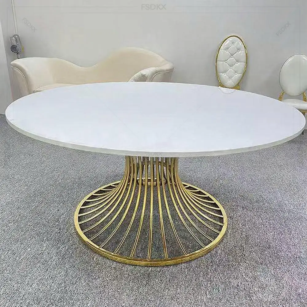 

FSDKX Luxury Wedding Round Glass Top Table Golden Stainless Steel Frame Dining Table