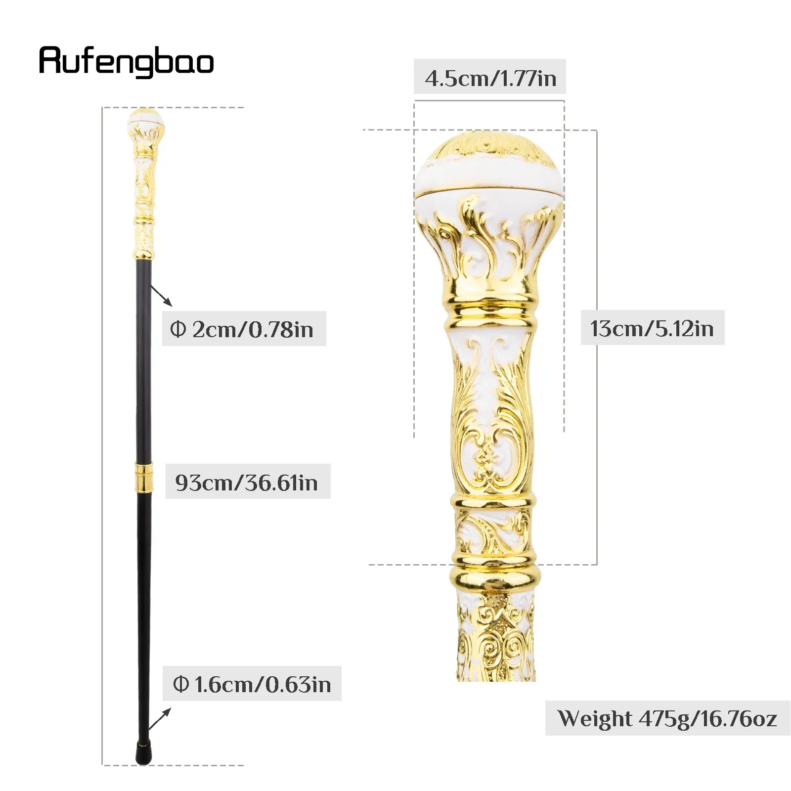 Bastão de moda com alça redonda de luxo, branco dourado, para festa, decorativo, bengala, elegante, botão de crosier, 93cm