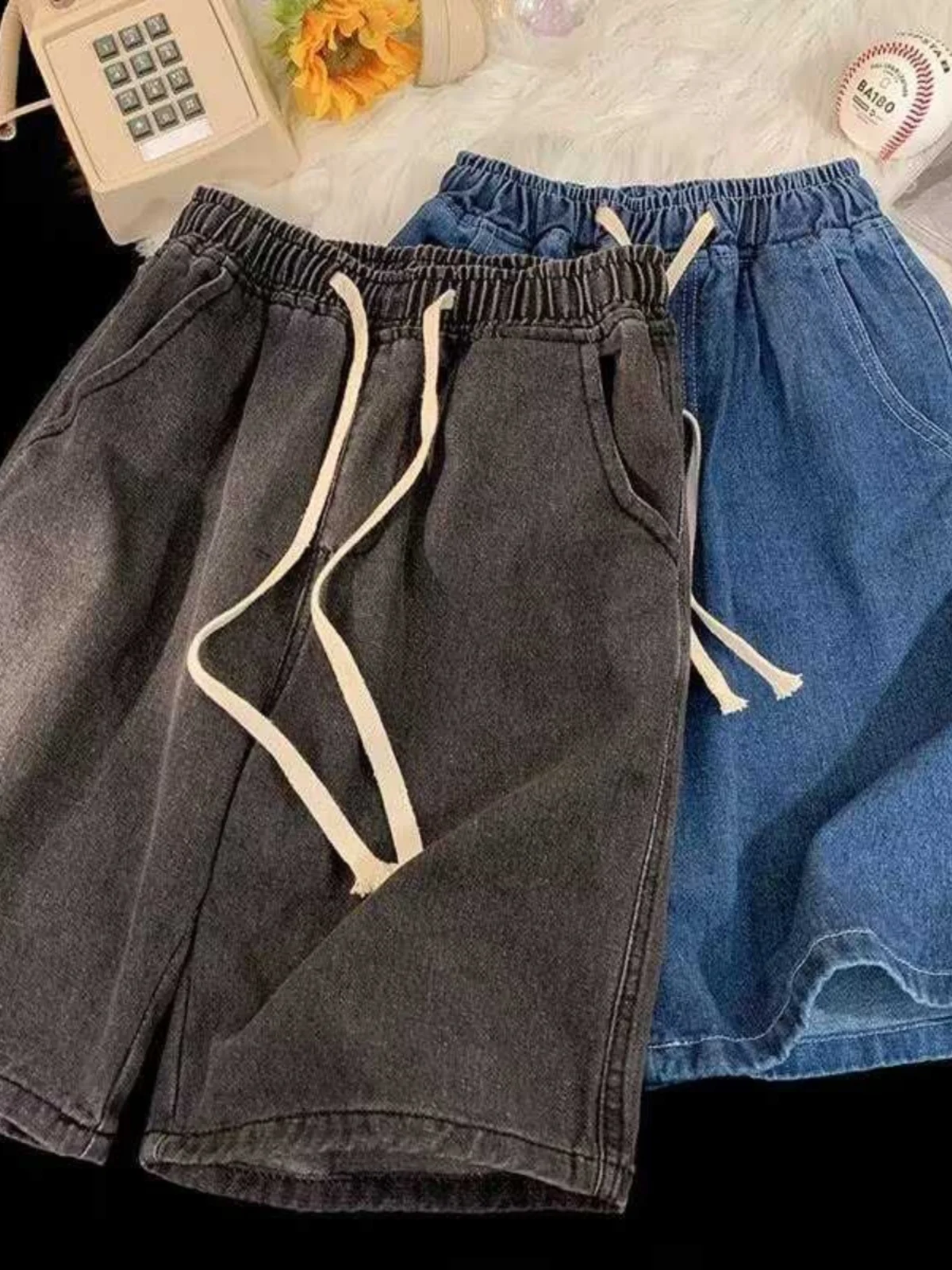 

High Waist Wide Leg ort Jeans Women's Summer Loose Fit Slimming Straight Cut Blue Denim orts Thin Material Five-Quarter L...