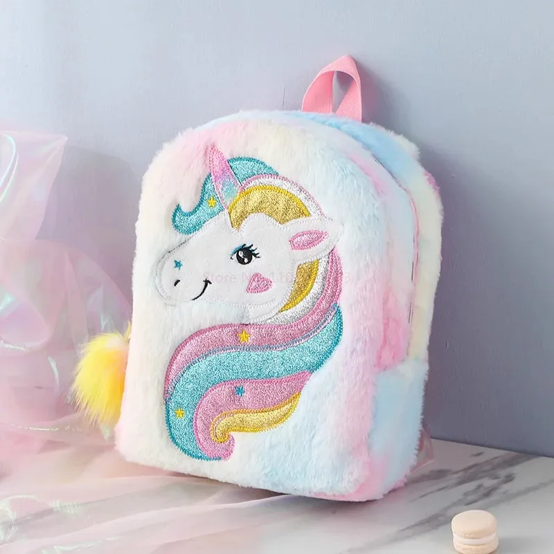 Cute Princess Unicorn Plush Mochilas Saco de escola animal dos desenhos animados Mochilas infantis Mochila macia colorida infantil Sacos de meninas