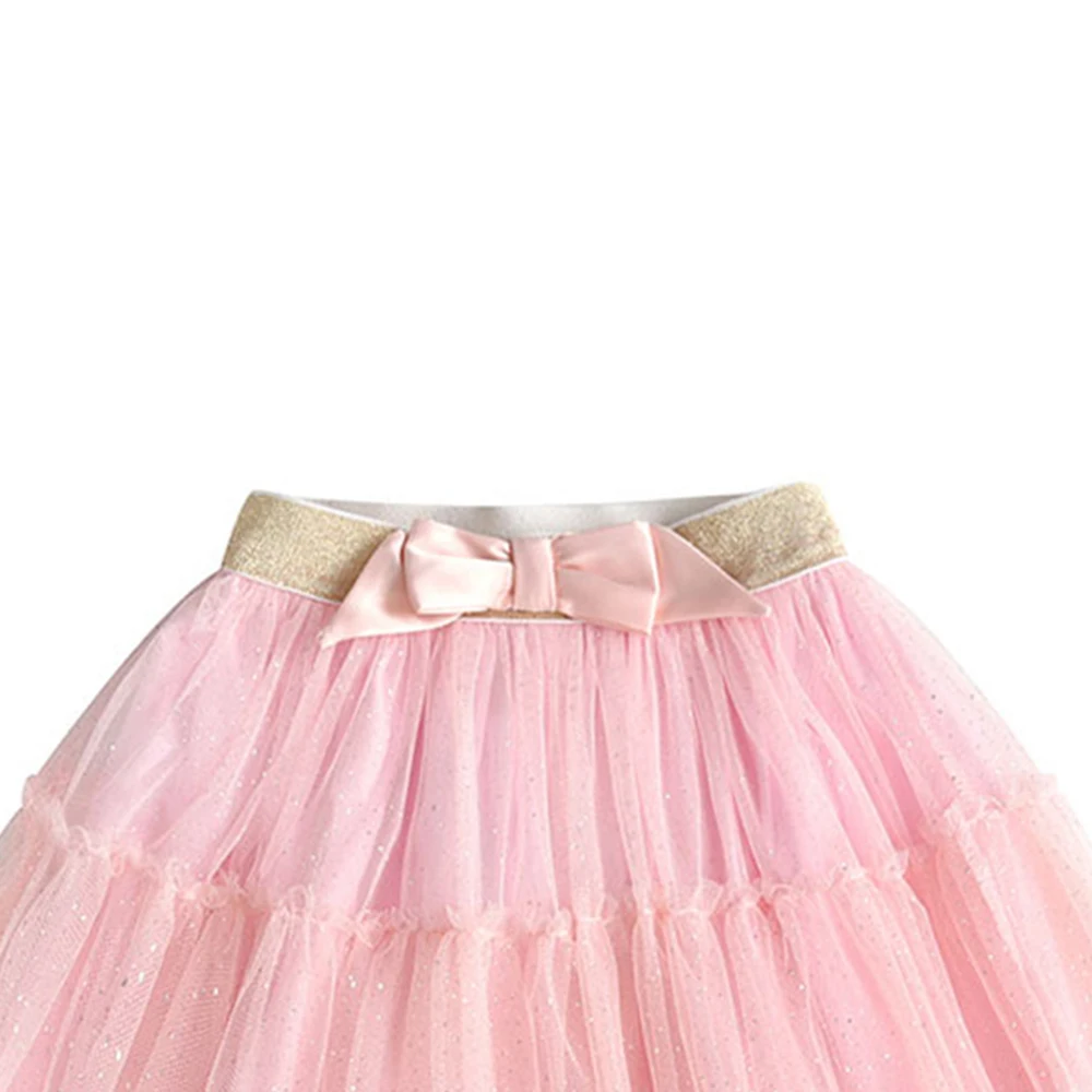 VIKITA Girls Pink Skirts with Bow Knot Kids Shiny Sequins Mini Skirts Girls Birthday Party Casual Daily Mesh Tulle Ballet Skirt