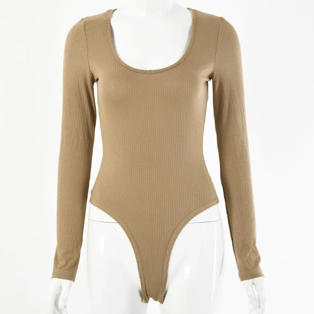 Herfst Winter Basis Shirt Effen Kleur Jumpsuit Gebreid Dames T-shirt U-hals Lange Mouw Top Hoge Taille Afslanken